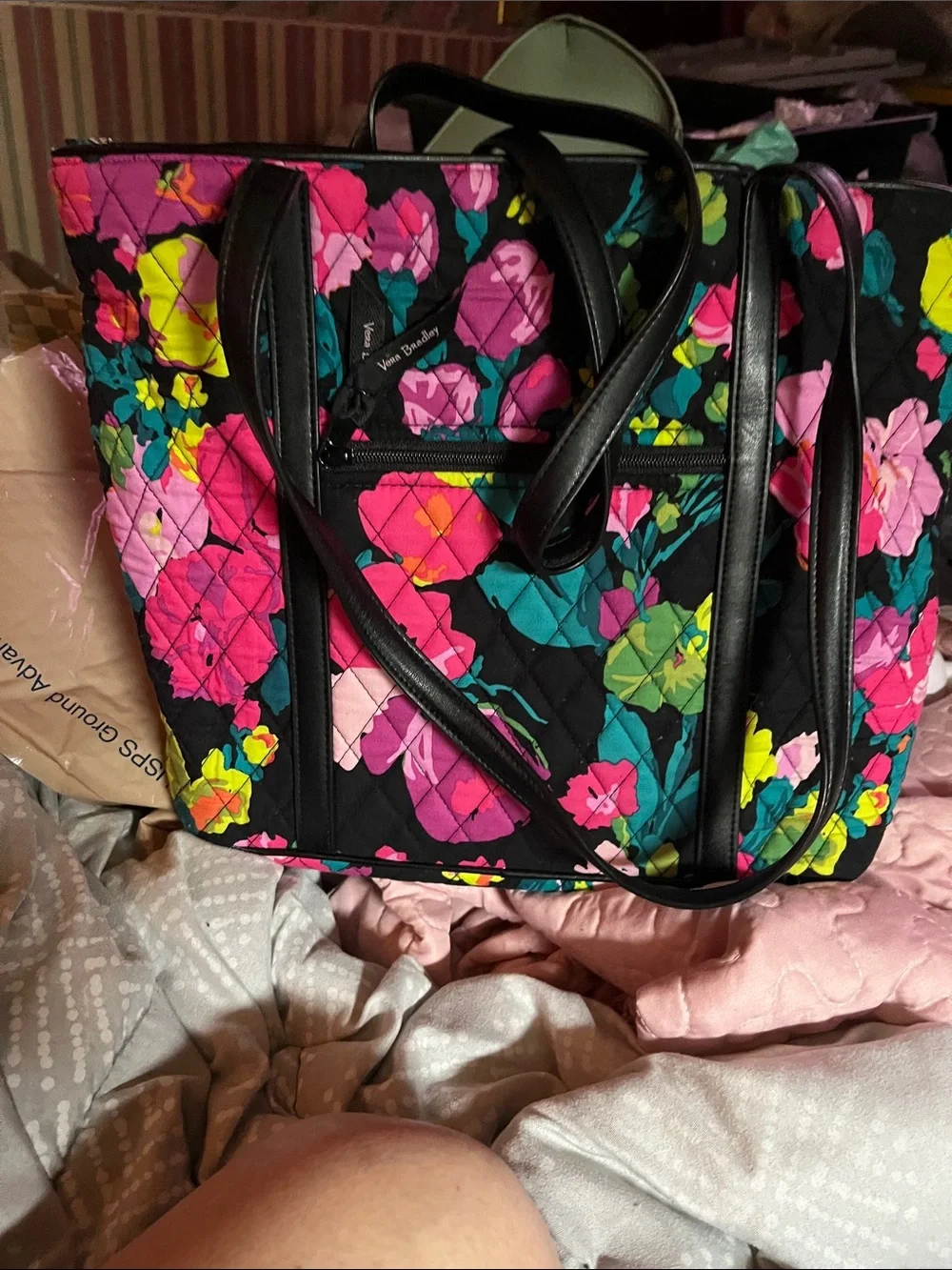 Vera Bradley Black Quilted Tote with Pink, Teal & Lime Floral Print and matching